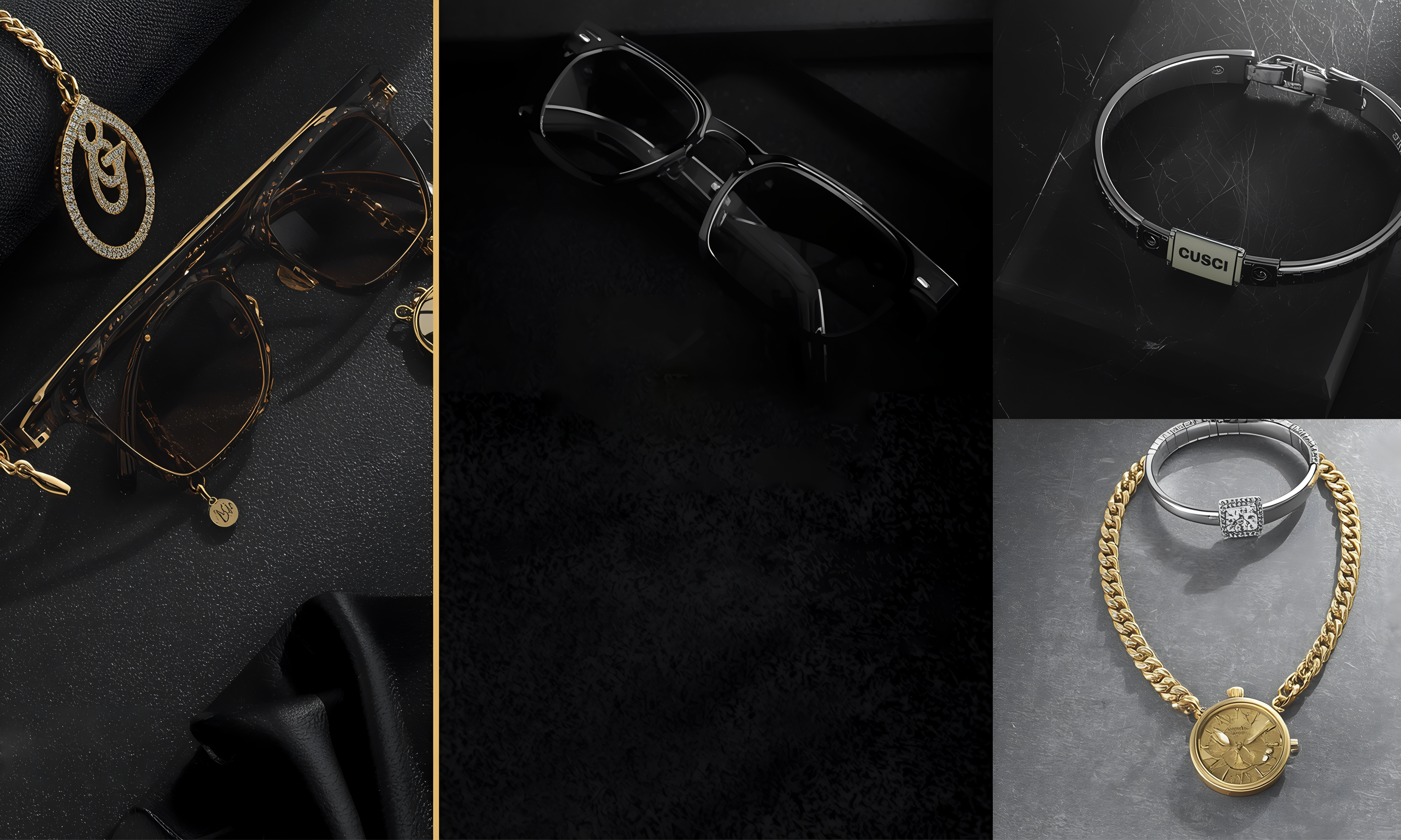 Collage of Gucci jewelry including earrings, sunglasses, bracelet, and ring on a dark background.