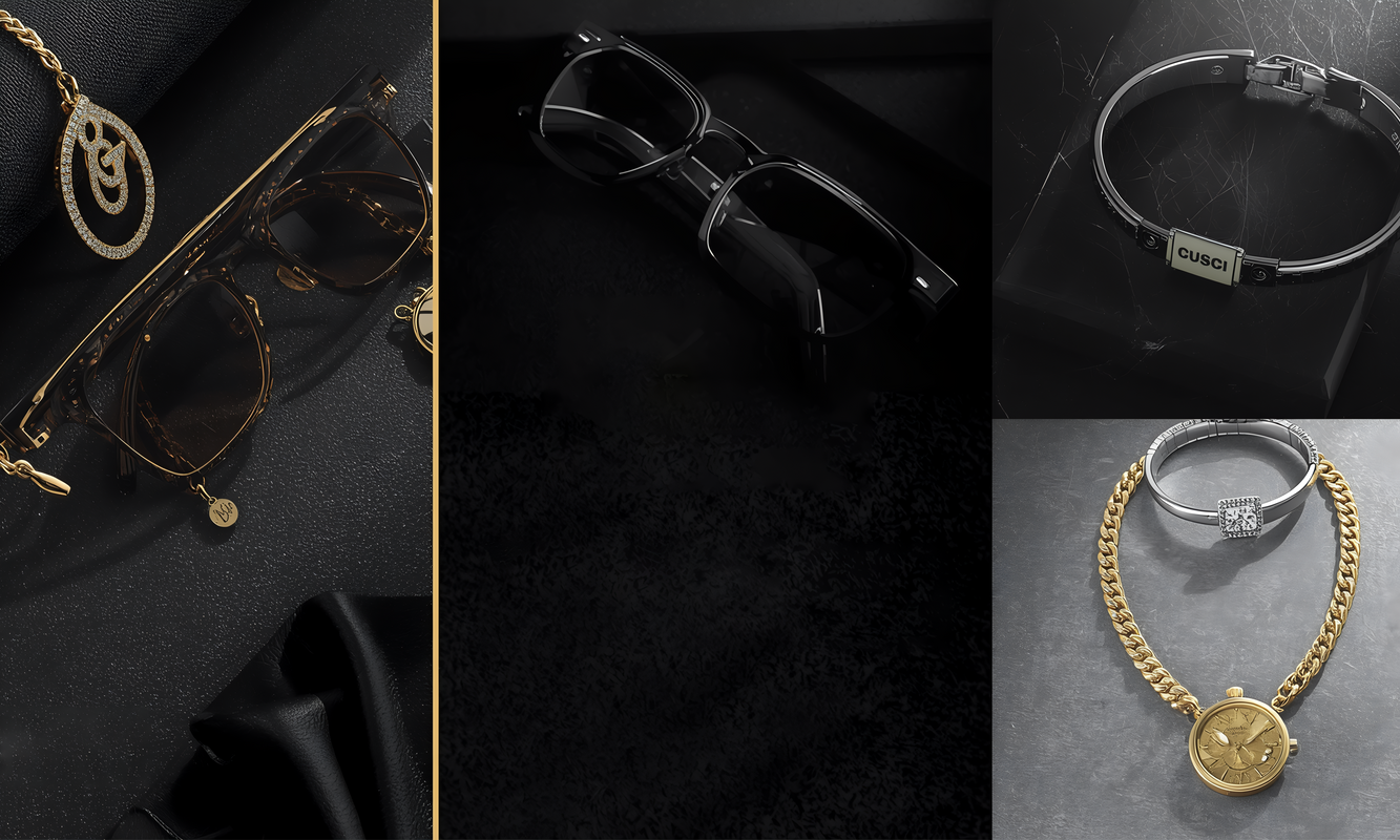 Collage of Gucci jewelry including earrings, sunglasses, bracelet, and ring on a dark background.