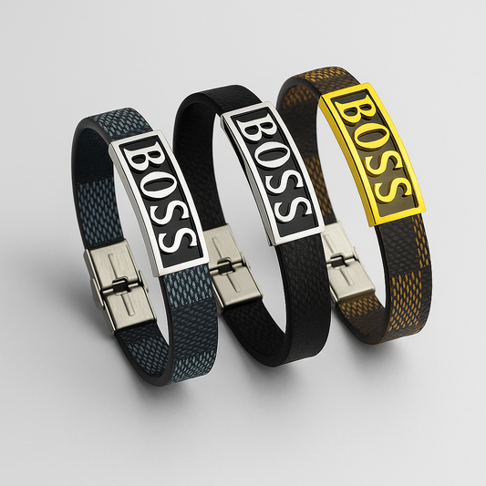 Three bracelets with 'BOSS' branding on a light gray background
