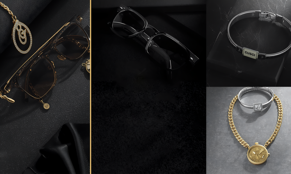 Collage of Gucci jewelry including earrings, sunglasses, bracelet, and ring on a dark background.